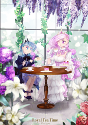 Size: 2059x2912 | Tagged: safe, artist:tingsan, princess celestia, princess luna, human, anime, clothes, cup, dress, drink, duo, female, flower, food, fork, humanized, jewelry, one eye closed, plate, regalia, royal sisters, shoes, sisters, sitting, smiling, table, tea, teacup, wink