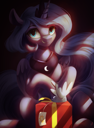 Size: 1443x1964 | Tagged: safe, artist:fluttersheeeee, princess luna, alicorn, pony, black background, crepuscular rays, cute, cutie mark, dark, female, grin, looking at you, lunabetes, mare, present, s1 luna, simple background, sitting, smiling, solo, squee