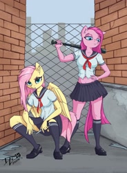 Size: 2000x2715 | Tagged: safe, artist:danli69, fluttershy, pinkie pie, anthro, earth pony, pegasus, baseball bat, clothes, fluttergoth, knife, miniskirt, pinkamena diane pie, pleated skirt, pocket knife, school uniform, shoes, skirt, socks, squatting