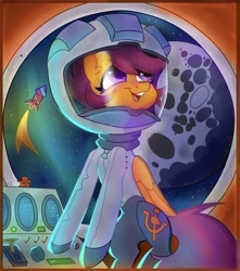 Size: 1386x1567 | Tagged: safe, artist:dodsie, artist:kanzlerjif, scootaloo, pegasus, pony, collaboration, astronaut, cosmonaut, cute, female, helmet, mare in the moon, moon, rocket, solo, soviet union, space, spacesuit, stalliongrad, stars, toy interpretation, trixie's rocket