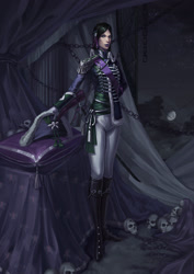 Size: 2059x2913 | Tagged: dead source, safe, artist:sunset tide, queen chrysalis, changeling, changeling queen, human, beautiful, bicorne, boots, chains, clothes, curtains, cute, epaulettes, female, fine art emulation, gloves, green eyes, hat, human skull, humanized, lipstick, painterly, painting, pants, purple lipstick, saber, shoes, skull, solo, sword, technical advanced, uniform, weapon, woman