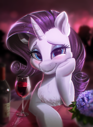 Size: 1465x2000 | Tagged: safe, artist:light262, rarity, pony, unicorn, alcohol, beautiful, blurry background, blushing, bottle, cheek fluff, chest fluff, chromatic aberration, cute, date, detailed, eyelashes, eyeshadow, female, fluffy, frog (hoof), glass, high res, hnnng, hoof on cheek, hoofbutt, horn, looking at you, loving gaze, makeup, mare, mascara, raribetes, signature, smiling, solo, squishy cheeks, table, underhoof, weapons-grade cute, wine, wine glass