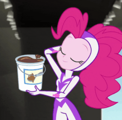 Size: 800x786 | Tagged: safe, screencap, fili-second, pinkie pie, human, equestria girls, movie magic, spoiler:eqg specials, animated, bigger on the inside, bucket, cartoon physics, chocolate, clothes, costume, cropped, cute, diapinkes, female, food, gif, hammerspace, hammerspace hair, how, pinkie being pinkie, pinkie physics, pinkie's magic hair, pocket dimension, poof, power ponies, pudding, solo, spandex, wat