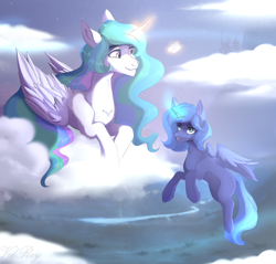 Size: 2760x2640 | Tagged: safe, artist:velirenrey, princess celestia, princess luna, alicorn, pony, blank flank, cloud, cute, cutelestia, duo, female, filly, flying, glowing horn, lunabetes, magic, mare, missing accessory, missing cutie mark, river, royal sisters, s1 luna, scenery, siblings, sisters, sky, younger