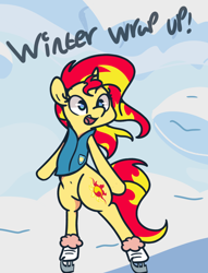Size: 1280x1674 | Tagged: safe, artist:turtlefarminguy, sunset shimmer, pony, unicorn, equestria girls, winter wrap up, belly button, bipedal, clothes, female, ice skating, mare, open mouth, snow, solo, weather team, winter wrap up vest
