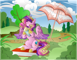 Size: 902x703 | Tagged: safe, artist:shyshyoctavia, artist:sk-ree, princess cadance, alicorn, pony, collaboration, chest fluff, cute, cutedance, drinking, ear fluff, female, hoof hold, hoof shoes, mare, milkshake, sitting, solo, straw, umbrella