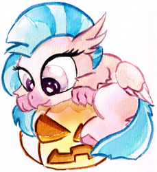 Size: 1721x1875 | Tagged: safe, artist:mashiromiku, part of a series, part of a set, silverstream, classical hippogriff, hippogriff, chibi, cute, diastreamies, female, halloween, holiday, looking down, prone, pumpkin, simple background, smiling, solo, traditional art, watercolor painting, white background