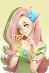 Size: 718x1061 | Tagged: safe, artist:spooo, fluttershy, bird, human, equestria girls, clothes, female, gradient background, solo