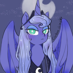 Size: 512x512 | Tagged: safe, artist:co2, princess luna, alicorn, pony, blushing, crown, jewelry, lidded eyes, looking at you, moon, pixiv, regalia, s1 luna, solo