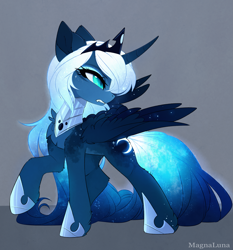 Size: 3157x3392 | Tagged: safe, artist:magnaluna, princess luna, alicorn, pony, alternate design, angry, badass, chest fluff, curved horn, ear fluff, ethereal mane, eyeshadow, fangs, female, floppy ears, frown, glare, glow, glowing cutie mark, glowing mane, glowing tail, gray background, gritted teeth, hoof fluff, horn, jewelry, leg fluff, looking back, makeup, mare, nightmare luna, raised hoof, regalia, shoulder fluff, simple background, slit eyes, solo, sparkles, starry mane, wing fluff