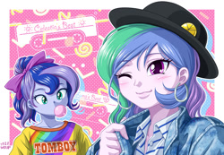 Size: 1200x828 | Tagged: safe, artist:uotapo, princess celestia, princess luna, principal celestia, vice principal luna, equestria girls, bubblegum, cute, duo, ear piercing, earring, food, gum, hat, jewelry, one eye closed, piercing, smiling, tomboy, wink, younger