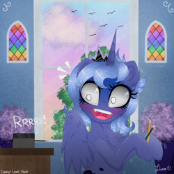 Size: 3024x3024 | Tagged: safe, artist:darkest-lunar-flower, princess luna, alicorn, pony, belly button, blushing, cheek fluff, chest fluff, cute, ear fluff, female, lavender, lunabetes, on the moon for too long, pencil, pencil sharpener, s1 luna, scared, slightly creepy, solo, stained glass, surprised