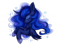 Size: 1402x1096 | Tagged: safe, artist:melanytyan, princess luna, alicorn, pony, bust, crown, cute, ethereal mane, eyes closed, heart, hoof shoes, jewelry, lunabetes, portrait, profile, regalia, simple background, solo, sparkles, starry mane, white background