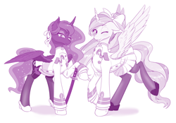 Size: 1280x890 | Tagged: safe, artist:dstears, princess celestia, princess luna, alicorn, pony, atago, azur lane, clothes, duo, female, heavy crusier, mare, royal sisters, sakura empire, shipmare, siblings, sisters, takao, uniform