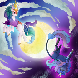 Size: 2000x2000 | Tagged: safe, artist:casualcolt, artist:night-iris, princess celestia, princess luna, kirin, collaboration, female, kirin-ified, moon, royal sisters, sisters, smiling, species swap, sun