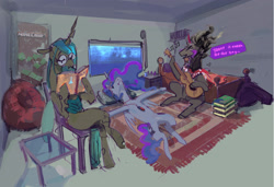 Size: 3608x2469 | Tagged: safe, artist:alumx, king sombra, princess luna, queen chrysalis, alicorn, changeling, changeling queen, pony, anyways here's wonderwall, bed, book, dork, dorkalis, dorm, eyes closed, female, glasses, guitar, male, mare, nerd, oasis (band), patreon sketch, reading, singing, stallion, wonderwall