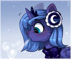 Size: 3000x2500 | Tagged: safe, artist:trickate, princess luna, alicorn, pony, blushing, bust, cheek fluff, clothes, cute, earmuffs, female, filly, horn, jewelry, lunabetes, mare, portrait, profile, regalia, scarf, snow, solo, tiara, winter, woona, younger