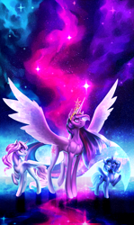 Size: 1889x3175 | Tagged: safe, artist:glitteronin, princess celestia, princess luna, twilight sparkle, twilight sparkle (alicorn), alicorn, pony, big crown thingy, crown, female, jewelry, mare, regalia, royal sisters, smiling, younger