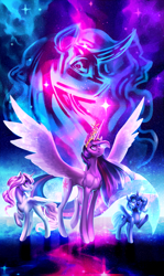 Size: 2975x5000 | Tagged: safe, artist:glitteronin, princess celestia, princess luna, twilight sparkle, twilight sparkle (alicorn), alicorn, pony, big crown thingy, crown, female, jewelry, mare, regalia, royal sisters, smiling, younger