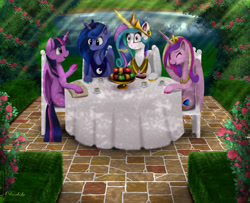 Size: 7680x6240 | Tagged: safe, artist:darksly, princess cadance, princess celestia, princess luna, twilight sparkle, twilight sparkle (alicorn), alicorn, pony, absurd resolution, alicorn tetrarchy, bush, cake, chair, cup, dessert, eyes closed, female, food, giggling, levitation, magic, mare, open mouth, plate, pond, sitting, table, telekinesis, true love princesses, water