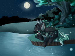 Size: 2012x1512 | Tagged: safe, artist:senpai, oc, oc only, oc:alpine apotheon, firefly (insect), pegasus, pony, body markings, feathered mane, female, full moon, lidded eyes, mare, moon, night, prone, solo, stars, water, ych result