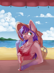 Size: 1012x1360 | Tagged: safe, artist:senpai, oc, oc only, anthro, bar, beach, breasts, cocktail, female, glasses, looking at you, ocean, solo