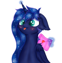 Size: 1067x1080 | Tagged: safe, artist:rurihal, princess luna, alicorn, pony, blushing, ethereal mane, female, glowing horn, holiday, magic, mail, mare, simple background, solo, starry mane, telekinesis, tongue out, valentine's day, white background