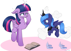 Size: 2538x1824 | Tagged: safe, artist:puetsua, princess luna, twilight sparkle, twilight sparkle (alicorn), alicorn, pony, book, chest fluff, female, filly, hoof shoes, mare, mistake, woona, younger
