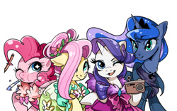 Size: 944x590 | Tagged: safe, artist:rougeredred, fluttershy, pinkie pie, princess luna, rarity, alicorn, earth pony, pegasus, pony, unicorn, clothes, dress, female, mare, one eye closed, open mouth, simple background, smiling, white background