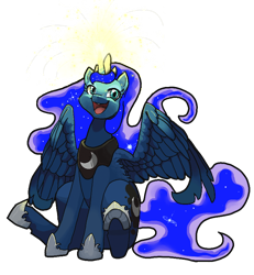 Size: 768x832 | Tagged: safe, artist:idrawweeklypony, edit, princess luna, alicorn, pony, female, glowing horn, horn, jewelry, magic, open mouth, regalia, simple background, sitting, smiling, solo, spread wings, transparent background, wings