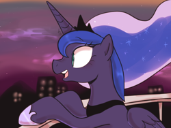 Size: 1400x1050 | Tagged: safe, artist:haden-2375, princess luna, alicorn, pony, balcony, cute, female, hoof shoes, jewelry, lunabetes, mare, open mouth, peytral, regalia, smiling, solo