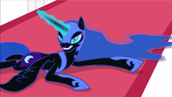 Size: 1666x937 | Tagged: safe, screencap, nightmare moon, alicorn, pony, a royal problem, ethereal mane, female, glowing horn, lying down, mare, prone, starry mane