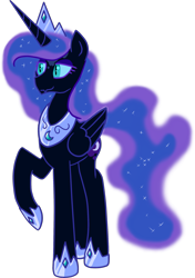 Size: 1611x2291 | Tagged: safe, artist:crusader productions, nightmare moon, alicorn, pony, alternate timeline, ethereal mane, eyeshadow, fangs, female, flowing mane, happy, hoof shoes, jewelry, makeup, mare, necklace, nicemare moon, no armor, raised hoof, redesign, simple background, slit eyes, solo, sparkles, starry mane, transparent background, wings