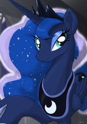 Size: 1500x2126 | Tagged: safe, artist:yewdee, princess luna, alicorn, pony, female, looking at you, mare, raised hoof, solo