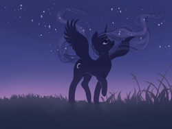 Size: 2000x1500 | Tagged: safe, artist:katputze, princess luna, alicorn, pony, alternate color palette, alternate cutie mark, beautiful, cute, ethereal mane, female, looking up, lunabetes, mare, night, night sky, sky, smiling, solo, starry mane, stars