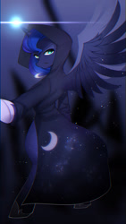 Size: 1080x1920 | Tagged: safe, artist:dorokuma_angie, princess luna, alicorn, pony, clothes, cutie mark, female, glowing horn, hoodie, lidded eyes, looking at you, shoes, smiling, smirk, solo, spirit of hearth's warming yet to come, spread wings, standing, wings