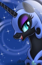 Size: 735x1136 | Tagged: safe, artist:christadoodles, nightmare moon, alicorn, pony, armor, bust, ethereal mane, evil, eyelashes, fangs, female, looking at you, mare, open mouth, portrait, signature, solo, starry mane