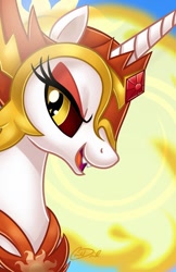 Size: 735x1136 | Tagged: safe, artist:christadoodles, daybreaker, alicorn, pony, armor, bust, evil, eyelashes, fangs, female, looking at you, mare, open mouth, portrait, signature