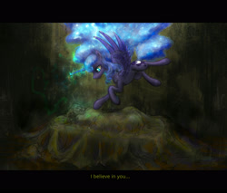 Size: 2656x2258 | Tagged: safe, artist:plotcore, princess luna, alicorn, human, pony, bed, cutie mark, female, flying, glowing horn, horn, magic, mare, sheet, spread wings, subtitles, wings