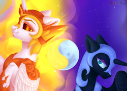 Size: 3888x2800 | Tagged: safe, artist:nika-rain, daybreaker, nightmare moon, alicorn, pony, day, fangs, female, helmet, night, sisters, slit eyes, stars, sun