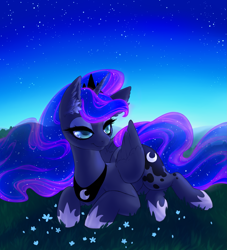 Size: 2305x2537 | Tagged: safe, artist:moonlitamberblossom, princess luna, alicorn, pony, bedroom eyes, collar, colored pupils, crown, cute, digital art, ear fluff, ethereal mane, female, flower, folded wings, grass, high res, hoof shoes, jewelry, lidded eyes, lunabetes, lying down, mare, prone, regalia, sky, smiling, solo, starry mane, stars, wings