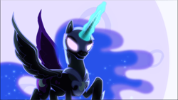 Size: 1670x940 | Tagged: safe, screencap, nightmare moon, alicorn, pony, princess twilight sparkle (episode), armor, ethereal mane, female, glowing eyes, glowing horn, magic, magic aura, mare, moon, raised hoof, spread wings, starry mane, wings