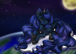 Size: 2800x2000 | Tagged: safe, artist:zefirka, princess luna, alicorn, pony, cloud, earth, female, mare, moon, one eye closed, solo