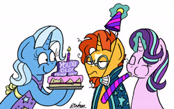 Size: 5466x3424 | Tagged: safe, artist:bobthedalek, starlight glimmer, sunburst, trixie, pony, unicorn, apron, birthday, birthday cake, cake, clothes, food, hat, inconvenient trixie, magic, party hat, party horn, sunburst is not amused, telekinesis, unamused