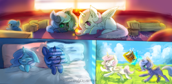 Size: 1426x702 | Tagged: safe, artist:aquagalaxy, princess celestia, princess luna, alicorn, pony, ><, blanket, blocks, bucket of water, cewestia, colored pupils, cute, cutelestia, ear fluff, eyes closed, female, filly, floppy ears, lunabetes, magic, open mouth, pillow, pink-mane celestia, plushie, prone, royal sisters, scrunchy face, sisters, sleeping, wavy mouth, woona, younger