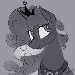 Size: 2000x2000 | Tagged: safe, artist:jen-neigh, princess luna, alicorn, pony, crown, female, grayscale, jewelry, looking at you, mare, monochrome, regalia, signature, smiling, solo, starry eyes, wingding eyes