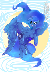 Size: 3000x4294 | Tagged: safe, artist:bigbuxart, princess luna, alicorn, pony, anatomically incorrect, cute, female, flying, incorrect wing anatomy, lunabetes, mare, what is anatomy, wings