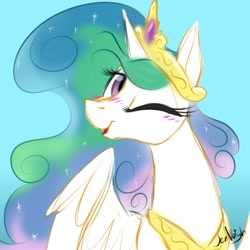 Size: 2000x2000 | Tagged: safe, artist:jen-neigh, princess celestia, alicorn, pony, blue background, blushing, cute, cutelestia, female, high res, jewelry, mare, one eye closed, open mouth, regalia, signature, simple background, solo, wink