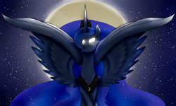 Size: 2048x1232 | Tagged: safe, artist:minelvi, princess luna, alicorn, pony, female, full moon, glowing eyes, mare, moon, solo