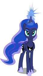 Size: 4696x8192 | Tagged: safe, artist:mewtwo-ex, artist:pencils, princess luna, alicorn, pony, .ai available, absurd resolution, crown, ethereal mane, eyeshadow, female, front view, glowing horn, hoof shoes, horn, jewelry, luna is not amused, magic, magic aura, makeup, mare, peytral, raised eyebrow, regalia, simple background, solo, standing, transparent background, unamused, vector, wings